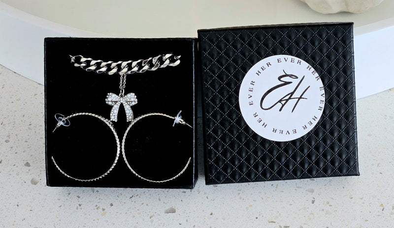 Bow & Hoops - Silver - Gift Set